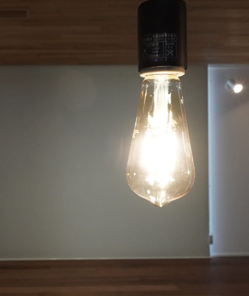 木の天井と電球照明が印象的なミニマルな空間。温かみのある光が広がる。